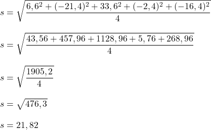 \begin{aligned}\displaystyle s&=\sqrt{\frac{6,6^2+(-21,4)^2+33,6^2+(-2,4)^2+(-16,4)^2}{4}}\\[2ex]\displaystyle s&=\sqrt{\frac{43,56+457,96+1128,96+5,76+268,96}{4}}\\[2ex]s&=\sqrt{\frac{1905,2}{4}}\\[2ex]s&=\sqrt{476,3}\\[2ex]s&=21,82 \end{aligned}