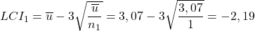 \displaystyle LCI_1=\overline{u}-3\sqrt{\frac{\overline{u}}{n_1}}=3,07-3\sqrt{\frac{3,07}{1}}=-2,19