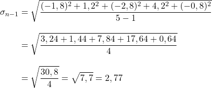 \begin{aligned}\displaystyle\sigma_{n-1} & = \sqrt{\frac{(-1,8)^2+1,2^2+(-2,8)^2+4,2^2+(-0,8)^2}{5-1}}\\[2ex]&=\sqrt{\frac{3,24+1,44+7,84+17,64+0,64}{4}}\\[2ex]&= \sqrt{\frac{30,8}{4}}=\sqrt{7,7}=2,77 \end{aligned}