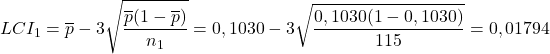 \displaystyle LCI_1&=\overline{p}-3\sqrt{\frac{\overline{p}(1-\overline{p})}{n_1}}=0,1030-3\sqrt{\frac{0,1030(1-0,1030)}{115}}=0,01794