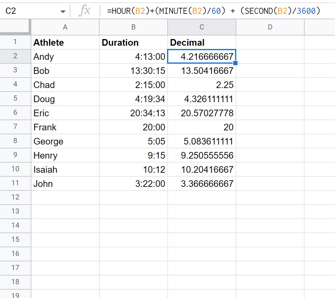 Google Sheets convertit le temps en décimal