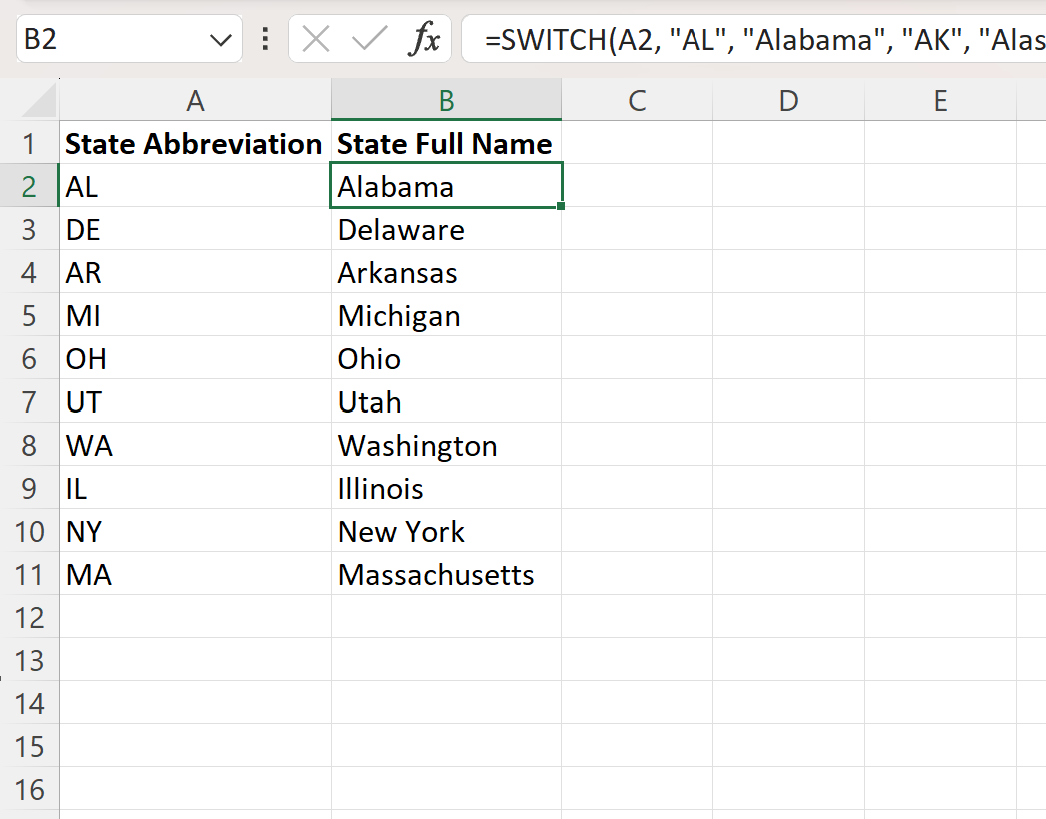 Excel convertir l'abréviation de l'état en nom complet