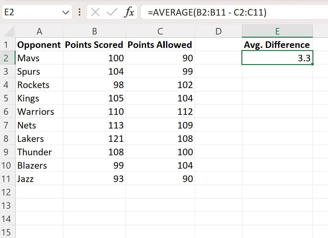 Diferença média do Excel