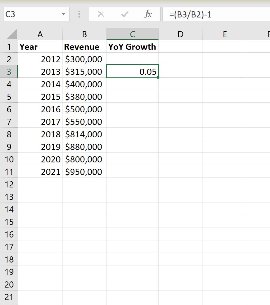 croissance d'une année sur l'autre dans Excel