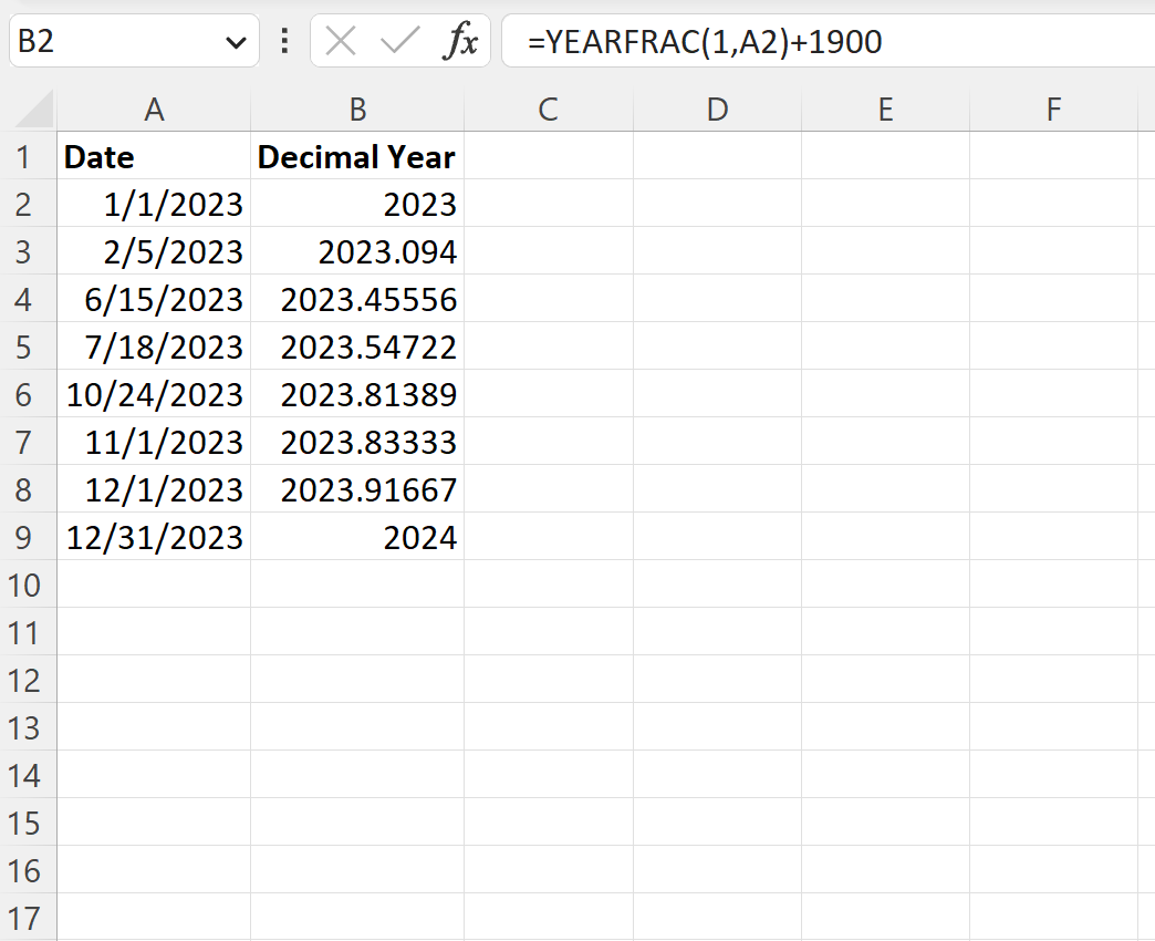 Excel mengonversi tanggal menjadi tahun desimal