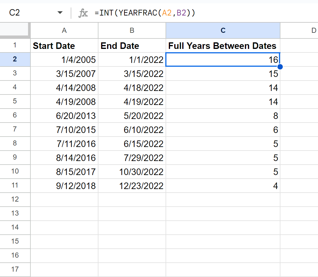 Google スプレッドシートは日付間の年数を計算します
