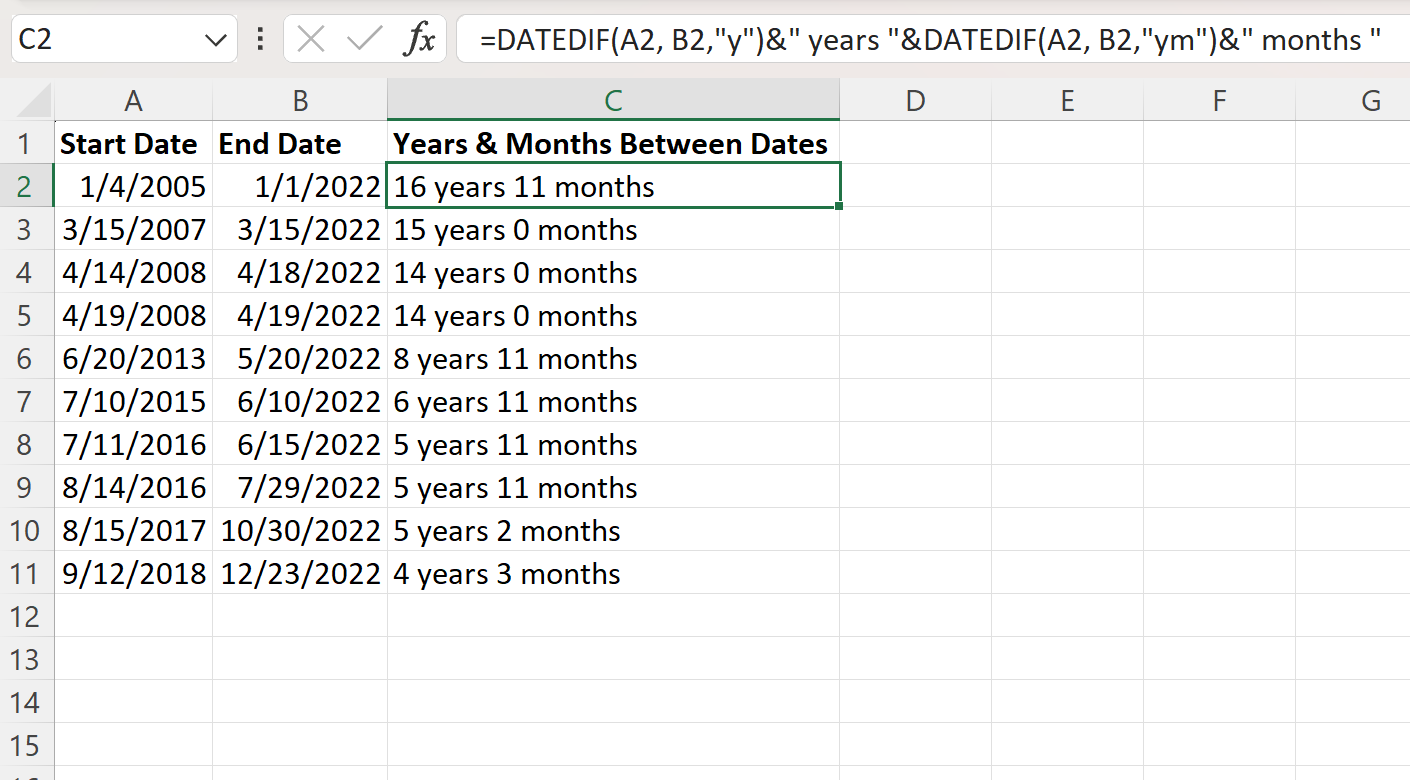 Excel calcula anos e meses entre duas datas