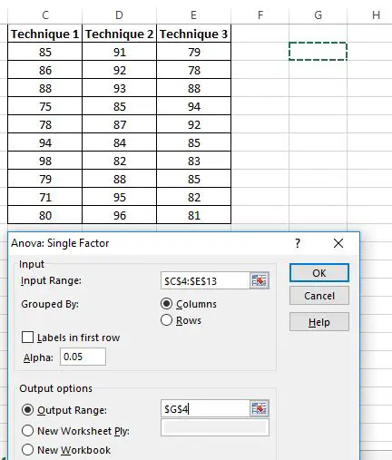Excel での一元配置分散分析