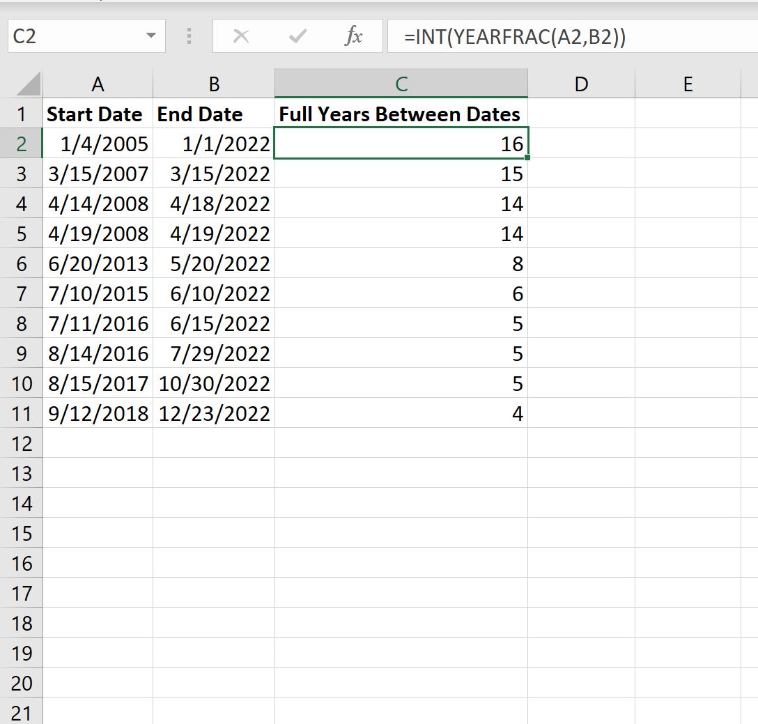 Excel で 2 つの日付間の満年を計算する