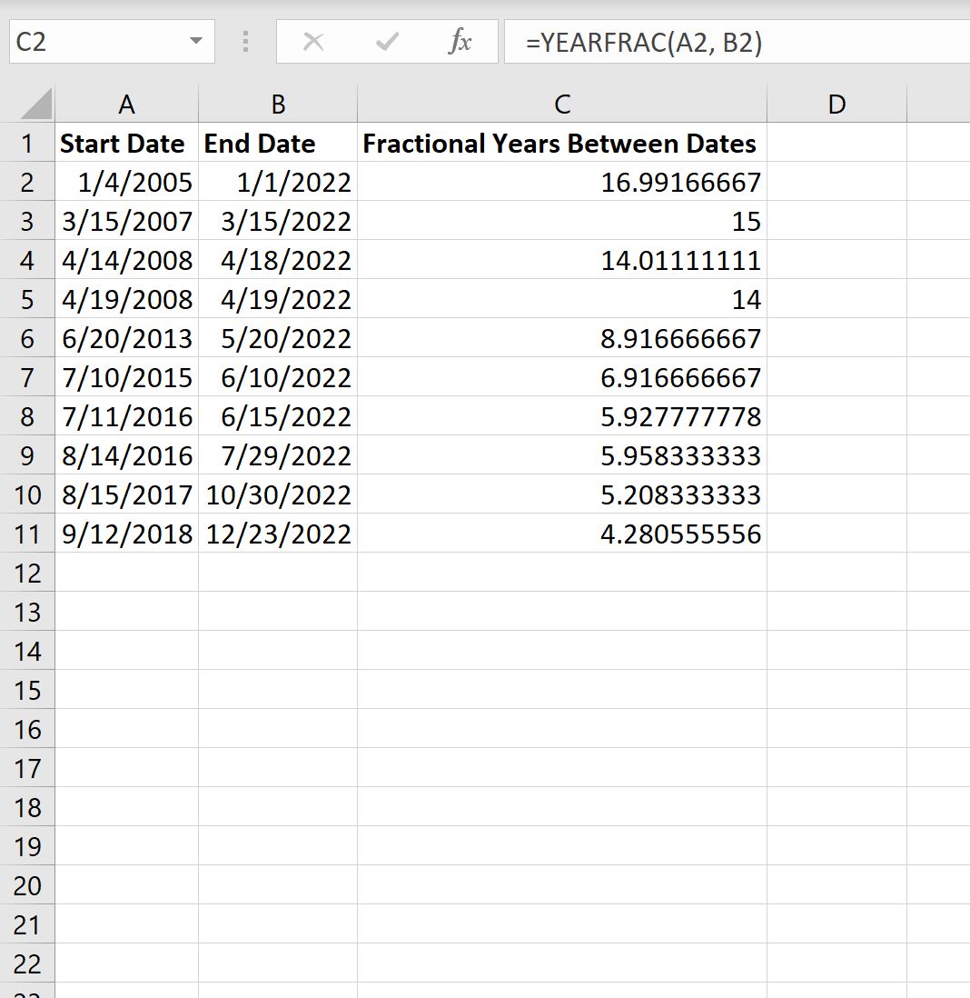 Excel で 2 つの日付間の小数年を計算する