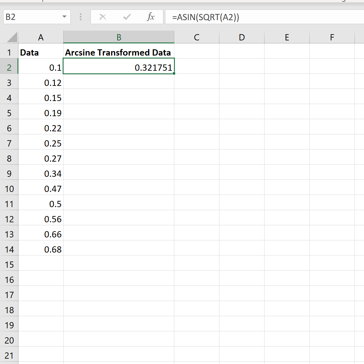 Transformação de arco seno no Excel