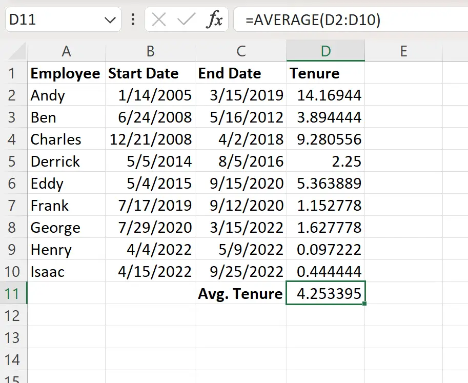 calculer l'ancienneté moyenne dans Excel