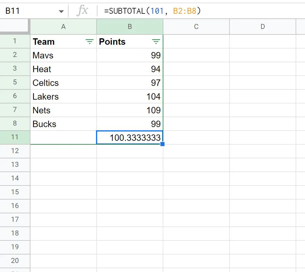 rata-rata baris yang difilter di Google Spreadsheet