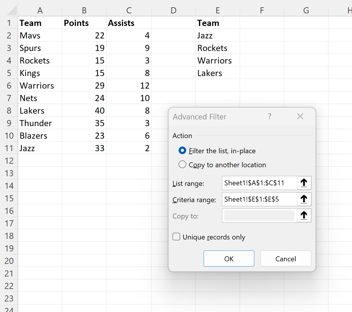 Excel filtra una colonna in base a un'altra colonna