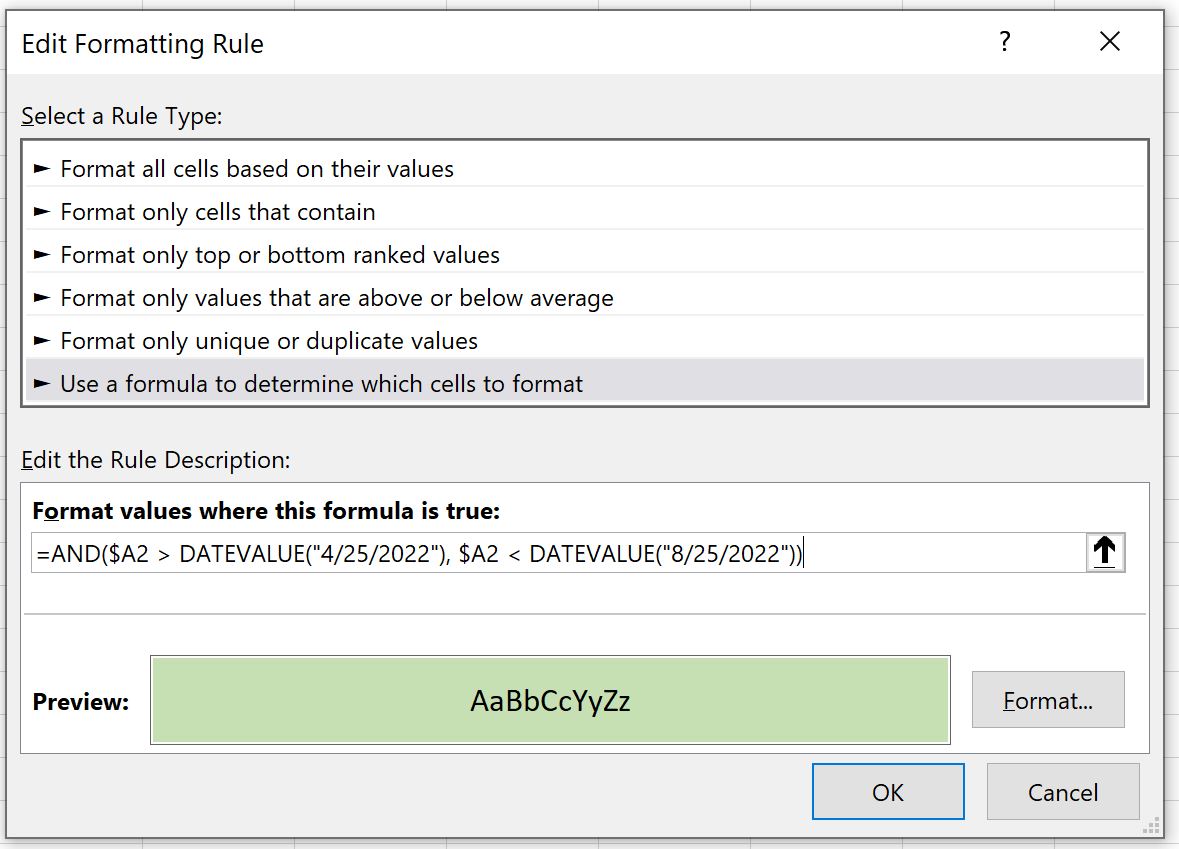 Formatação condicional do Excel com base em um intervalo de datas