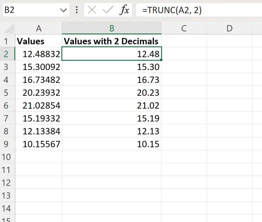 Excel menampilkan dua tempat desimal tanpa pembulatan