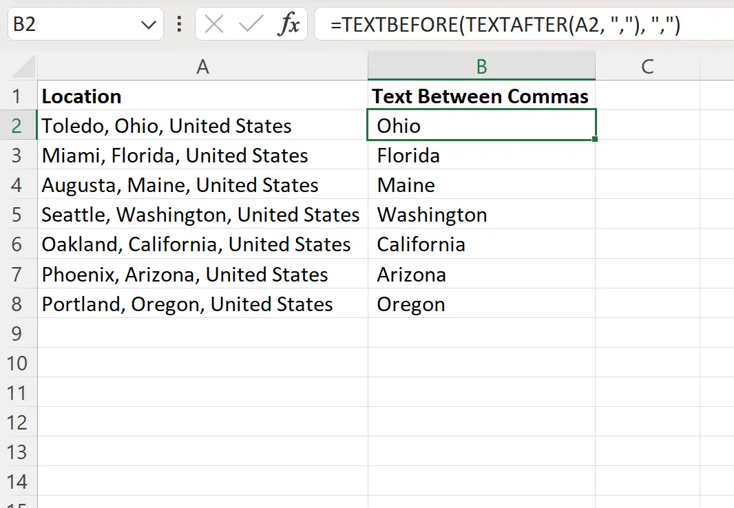 Excel mengekstrak teks di antara dua koma