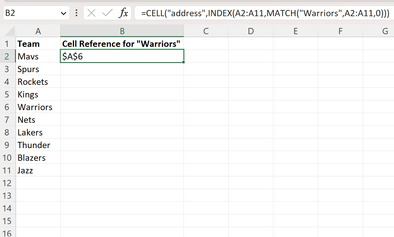 Excel mencari teks dalam rentang dan mengembalikan referensi sel