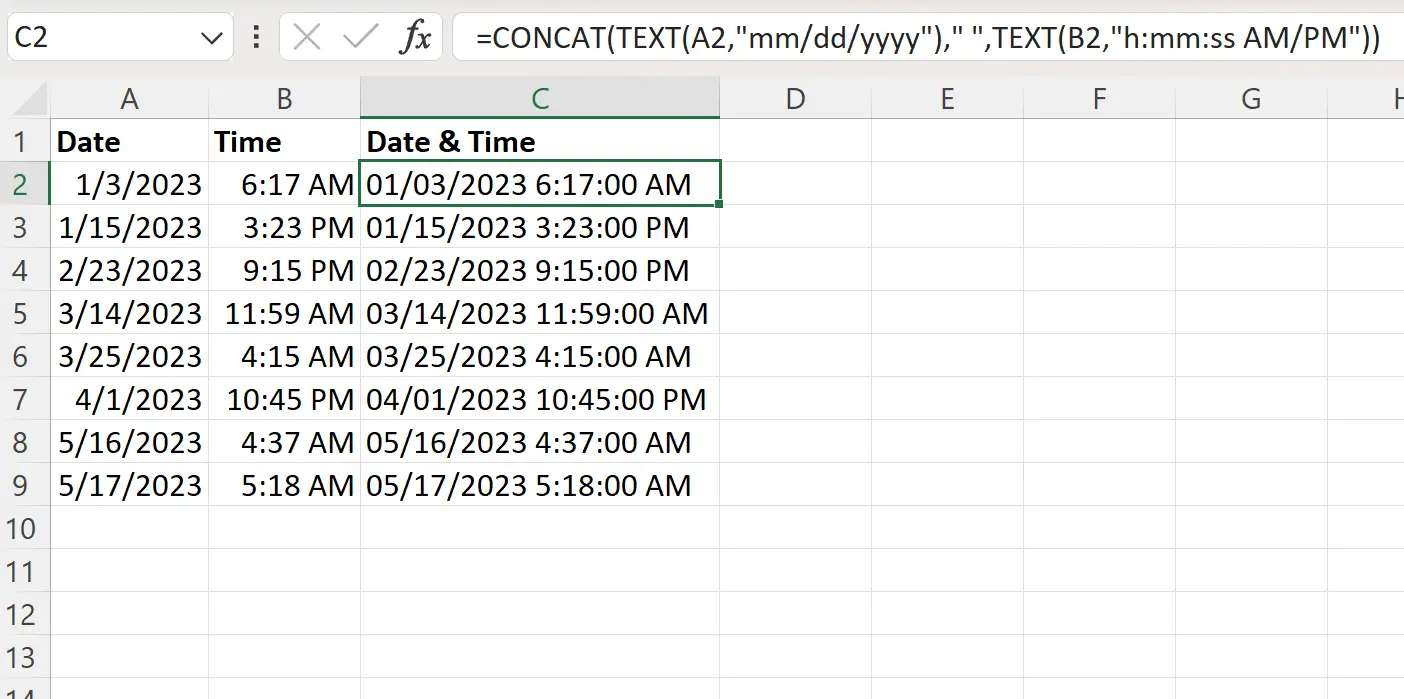 CONCAT と TEXT を使用して Excel で結合された日付と時刻