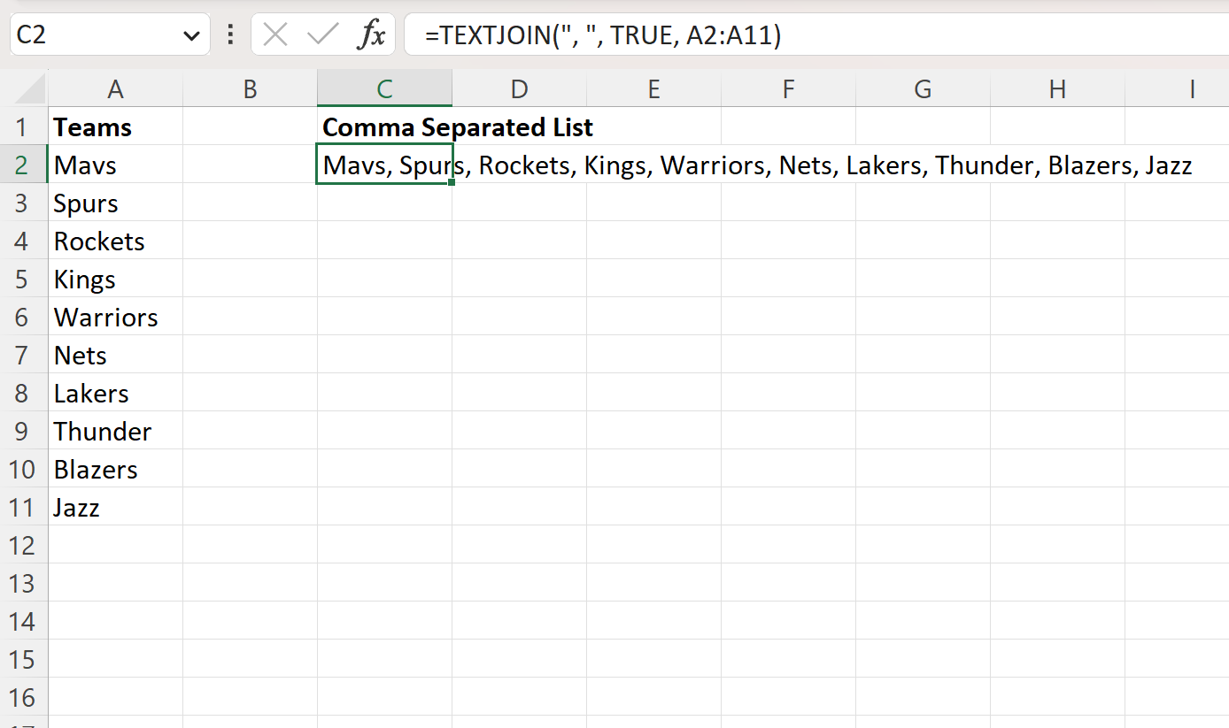 Excelで列をカンマ区切りリストに変換する