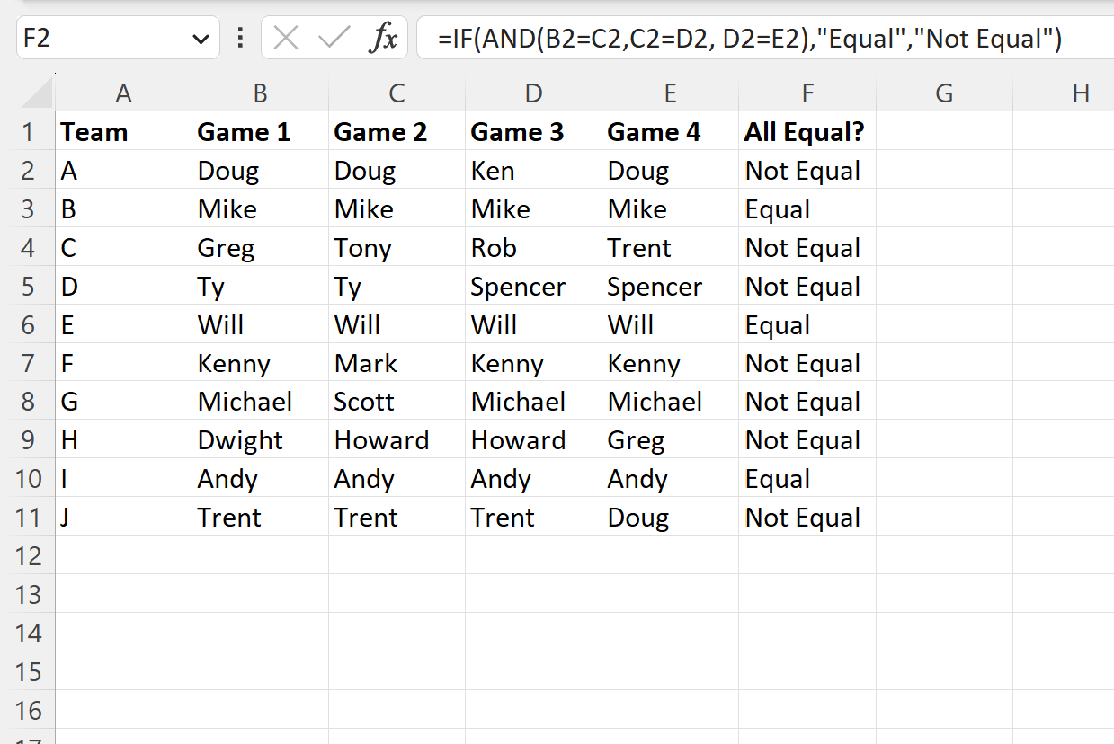 Excel membandingkan empat kolom