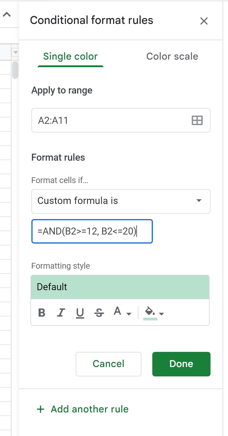 Formattazione condizionale di Fogli Google tra due valori