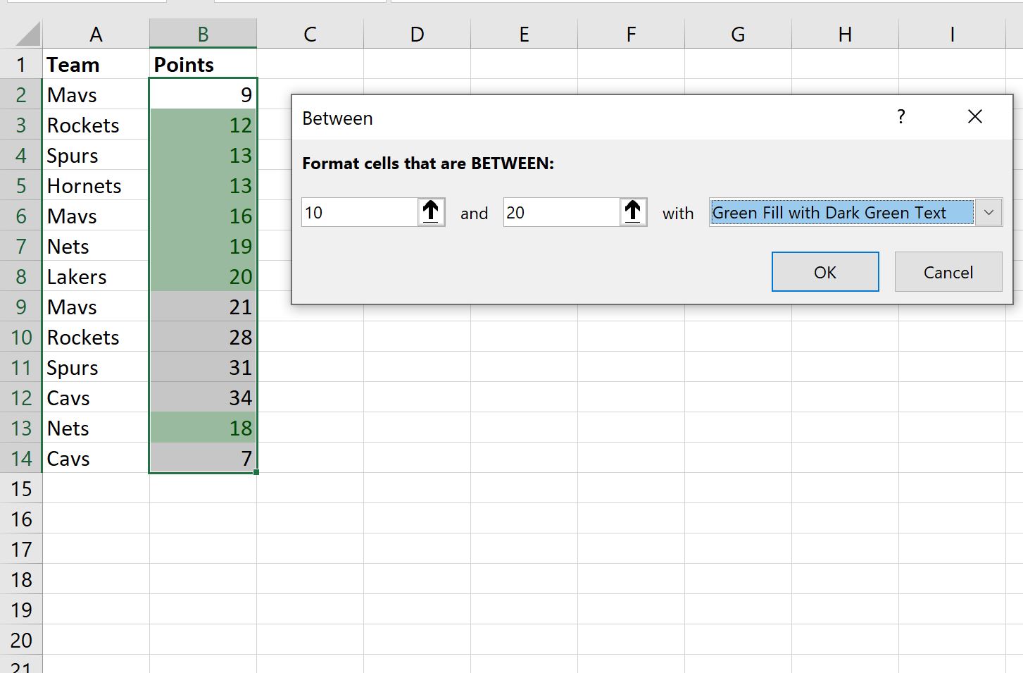 Excelの2つの値の間の条件付き書式設定