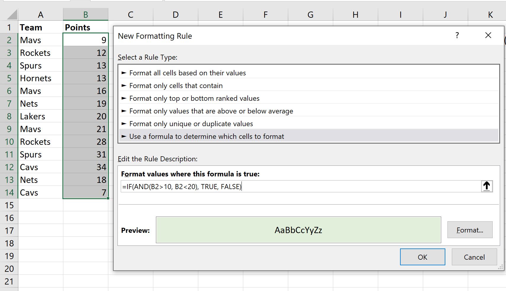 Formatação condicional do Excel de múltiplas condições