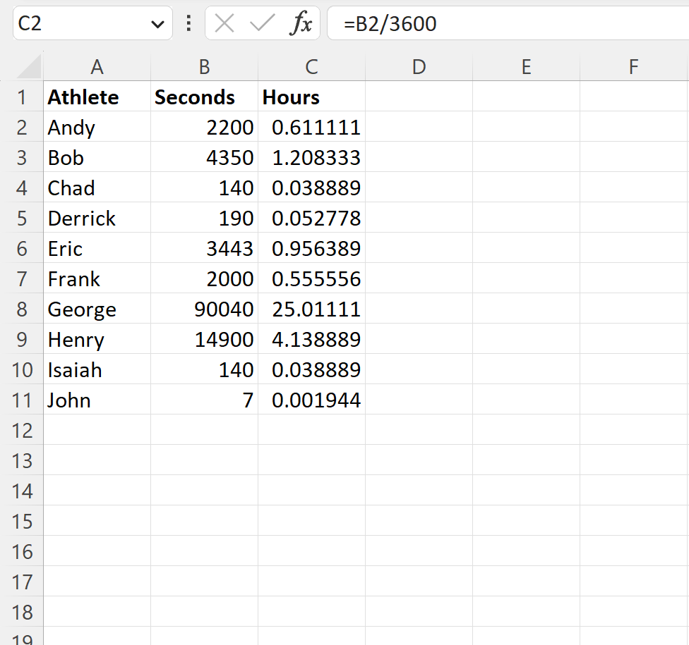 Excel converte i secondi in ore decimali