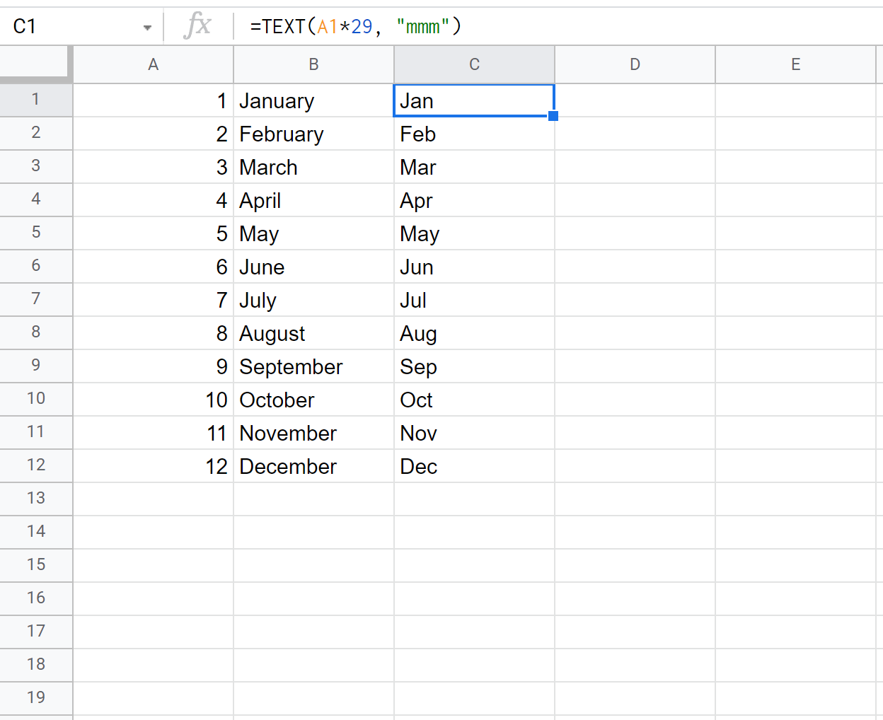 convertir le numéro du mois en nom de mois abrégé dans Google Sheets