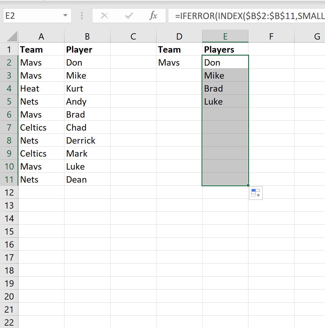 INDEX e MATCH retornam vários valores no Excel verticalmente