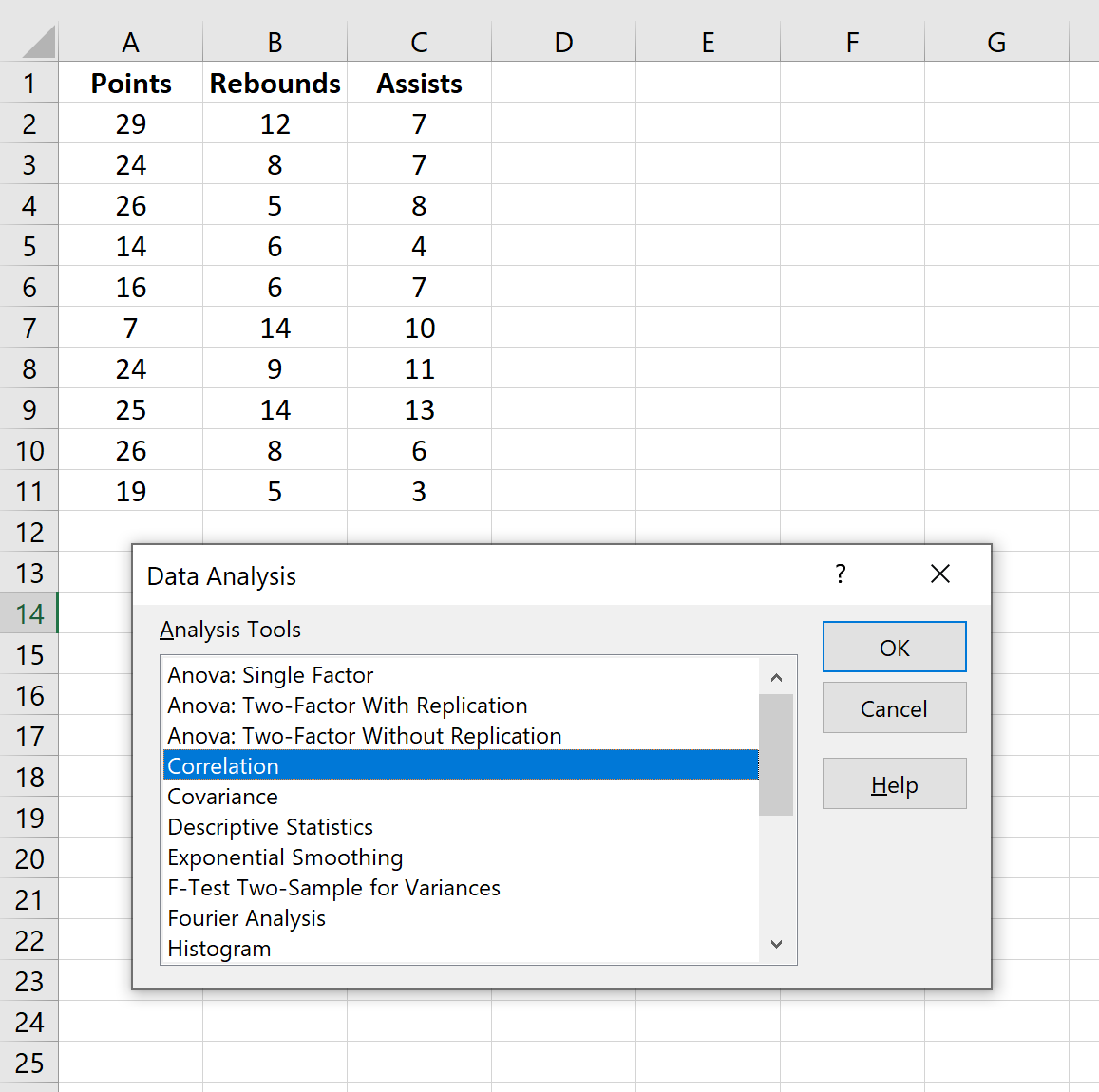 Matriz de Correlação com Pacote de Ferramentas de Análise de Dados no Excel