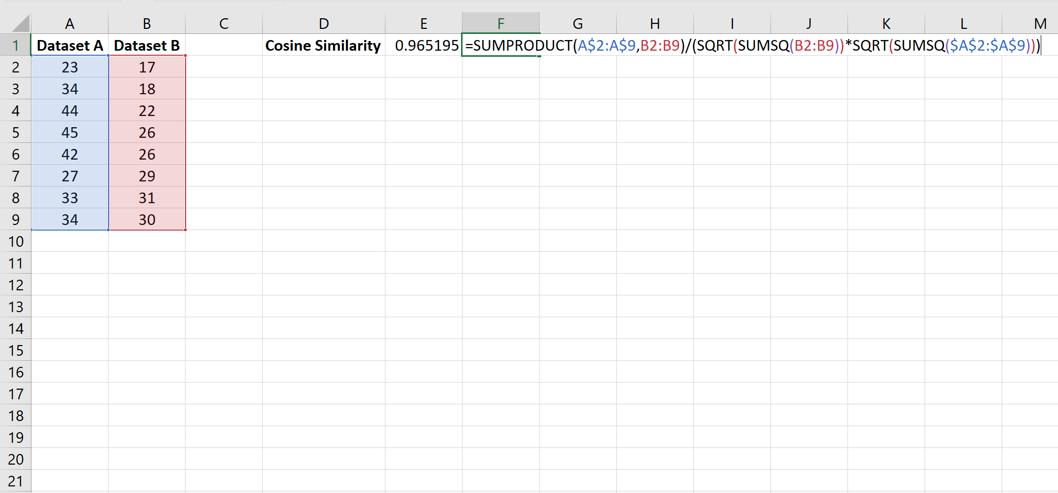 formule de similarité cosinus dans Excel