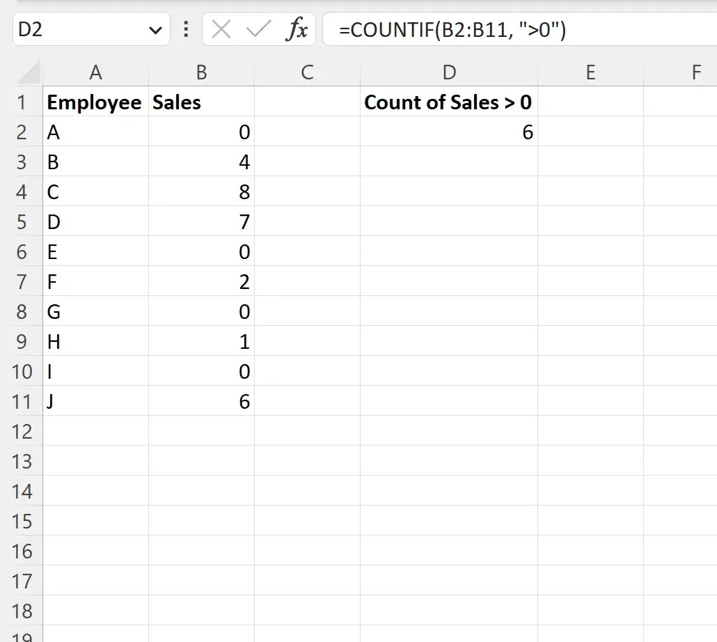 Excel COUNTIF lebih besar dari nol