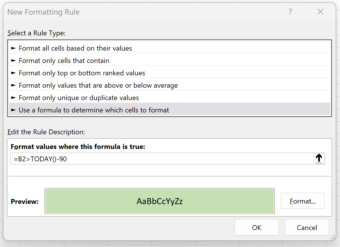 Mise en forme conditionnelle Excel pour les dates dans les 90 jours