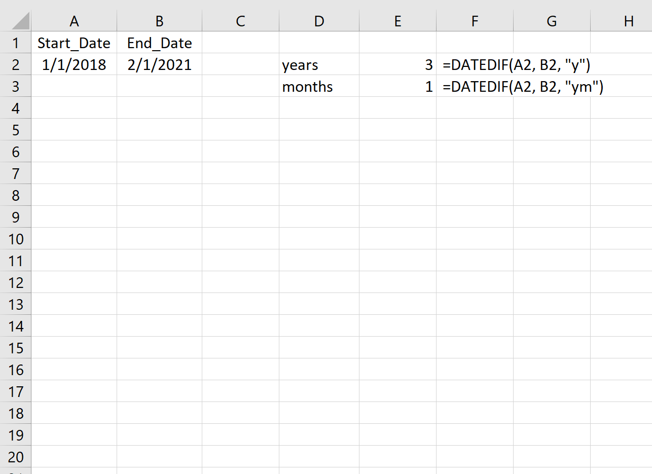 Perbedaan tahun dan bulan antara dua tanggal di Excel