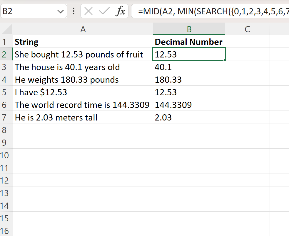 Excel extrait le nombre décimal de la chaîne