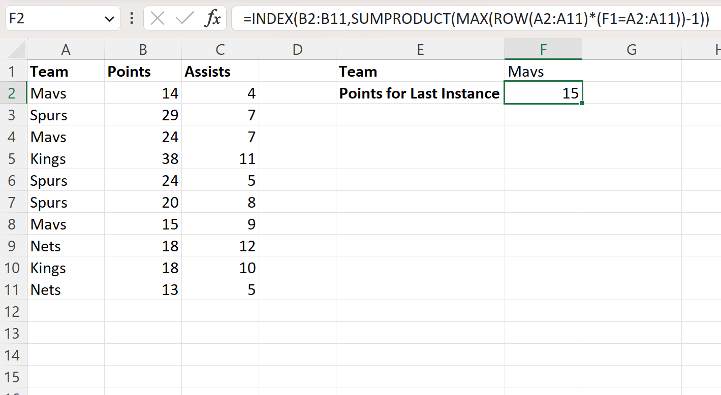 Excel correspond à la dernière instance