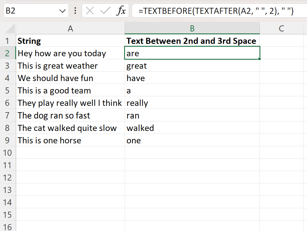 Excel mengekstrak teks antara spasi kedua dan ketiga