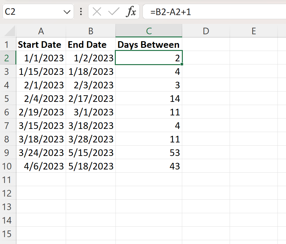 Excel の 2 つの日付の間の日数 (両端を含む)