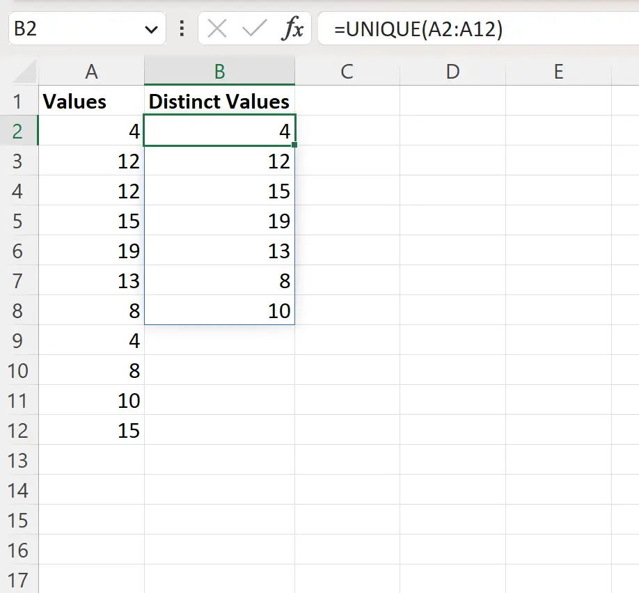 Excel obtient des valeurs distinctes de la colonne