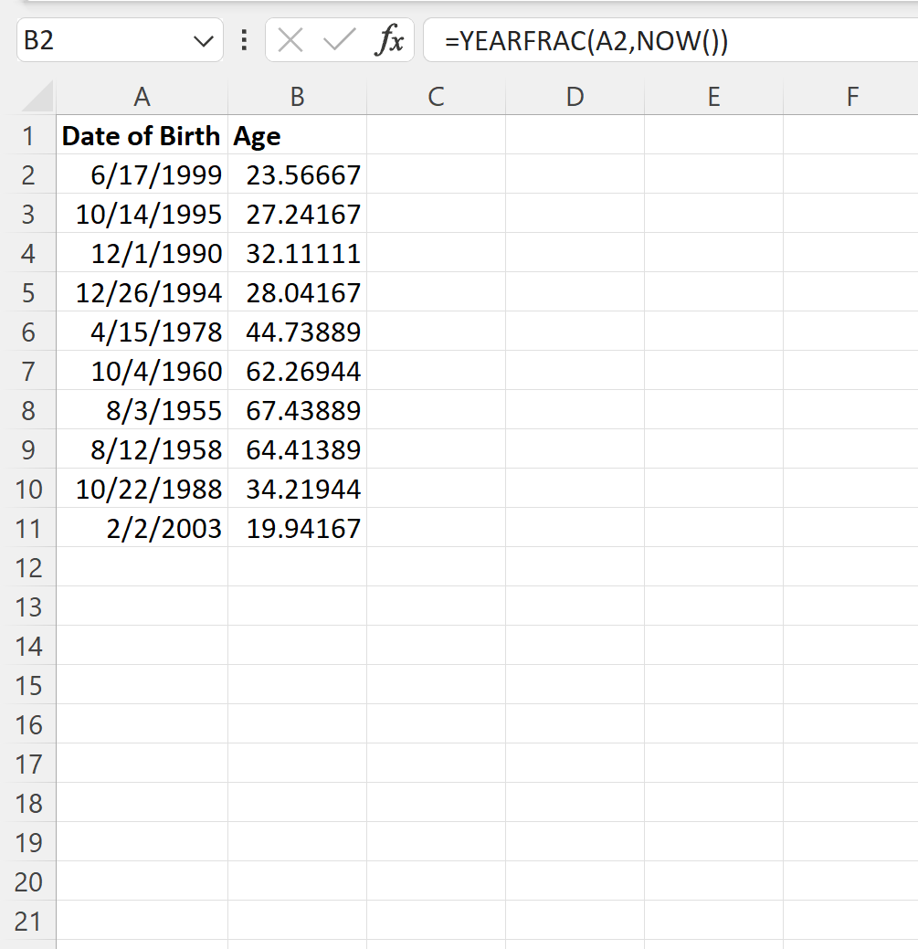 Excel mengonversi tanggal lahir menjadi usia dalam tahun desimal