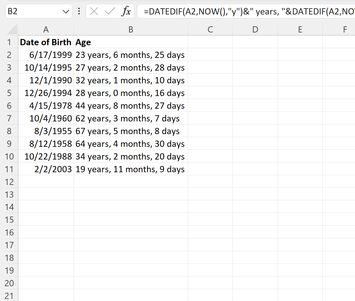 Excel mengubah tanggal lahir menjadi usia dalam tahun, bulan, dan hari