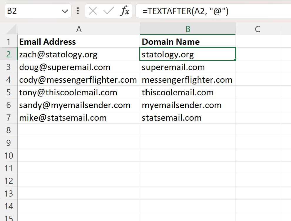 Excel mengekstrak nama domain dari alamat email