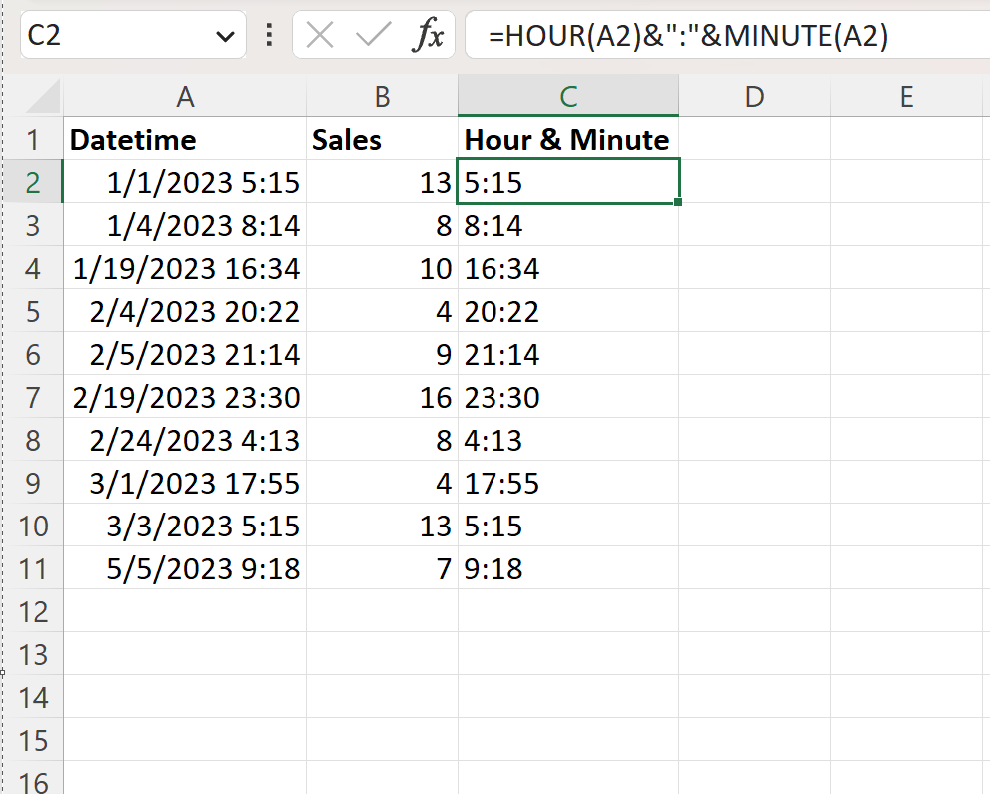Excel mengekstrak jam dan menit dari tanggal/waktu