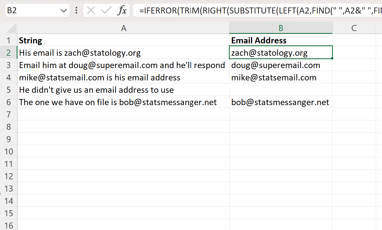 Excel estrae l'indirizzo email dal testo