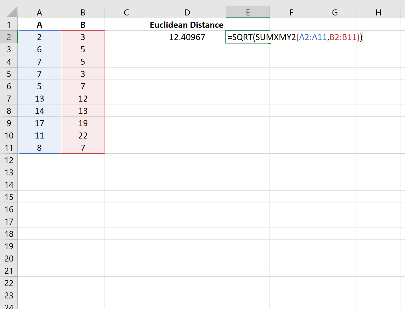 Distanza euclidea in Excel