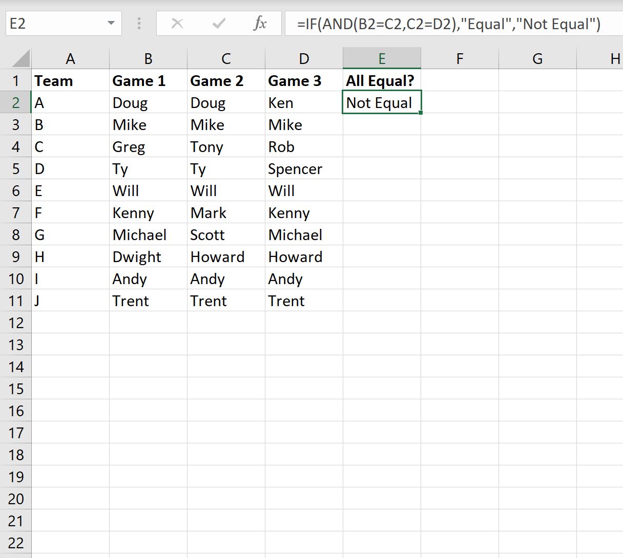 Excel membandingkan tiga kolom