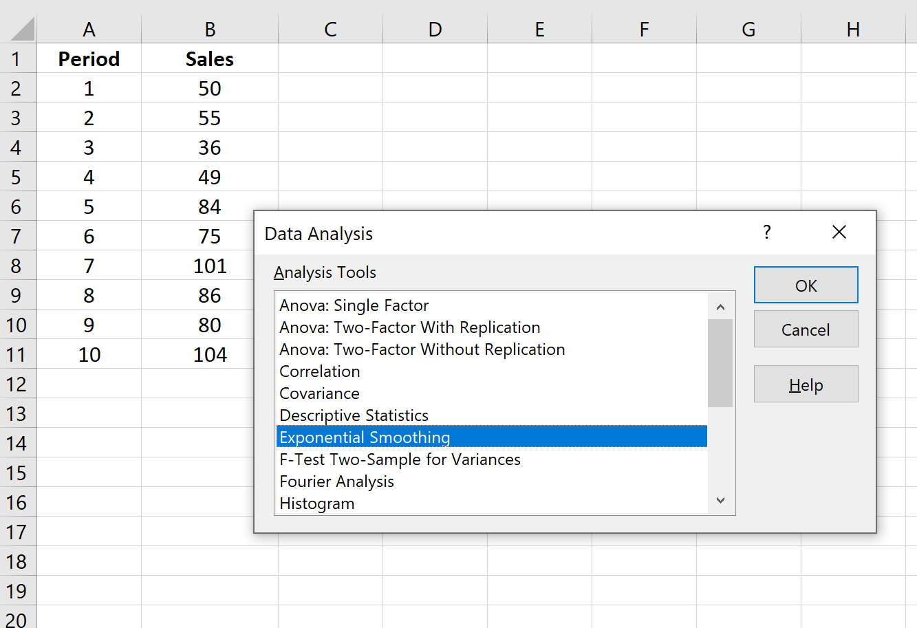 Esempio di livellamento esponenziale in Excel