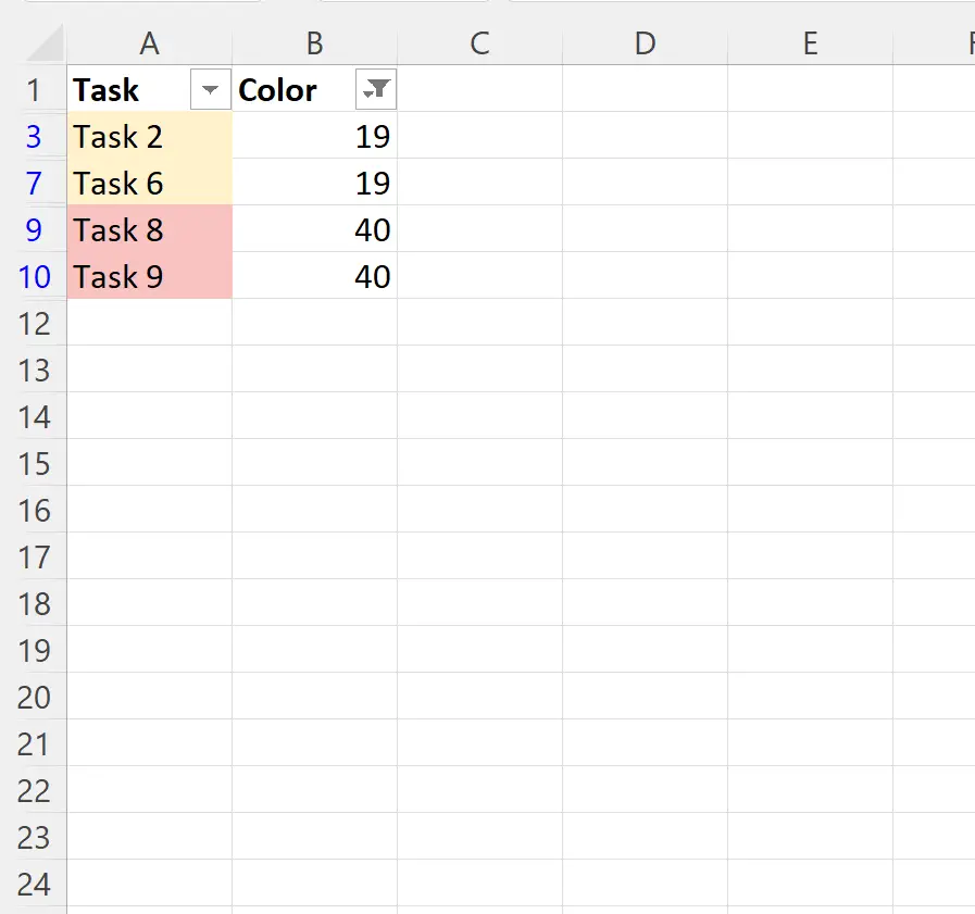 Filtro Excel por várias cores